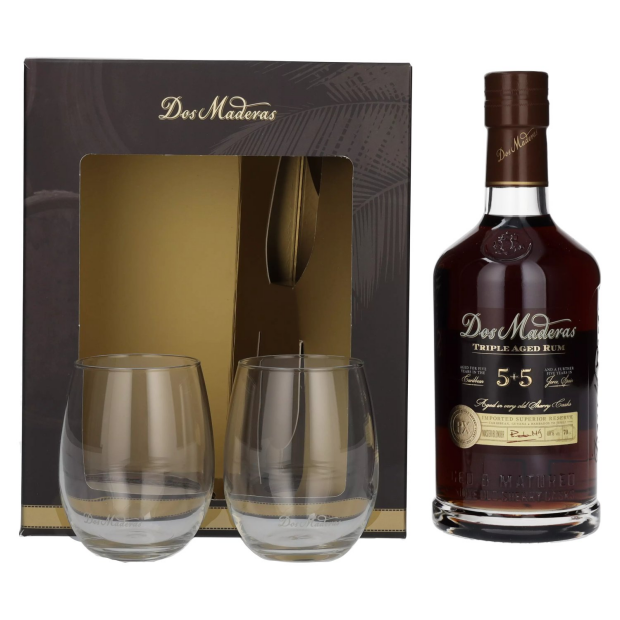 Dos Maderas PX 5+5 Years Old Aged Rum con 2 bicchieri