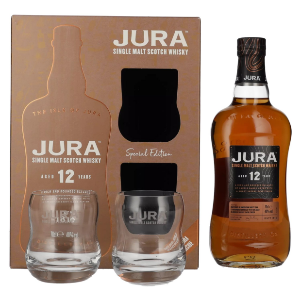 Jura 12 Years Old Single Malt Scotch Whisky con 2 bicchieri
